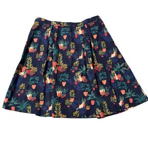 Princess Highway A-line Pleated Skirt Navy Blue Cat Potted Plant Print Cotton 16